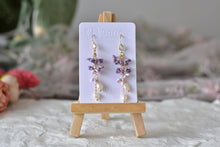 Load image into Gallery viewer, Botanical Handmade Floral Long Polymer Clay Earrings (purple/pearl)
