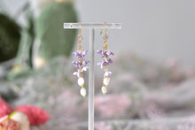 Load image into Gallery viewer, Botanical Handmade Floral Long Polymer Clay Earrings (purple/pearl)