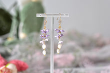 Load image into Gallery viewer, Botanical Handmade Floral Long Polymer Clay Earrings (purple/pearl)
