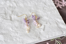 Load image into Gallery viewer, Botanical Handmade Floral Long Polymer Clay Earrings (purple/pearl)