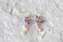 Load image into Gallery viewer, Botanical Handmade Floral Long Polymer Clay Earrings (purple/pearl)