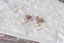 Load image into Gallery viewer, Botanical Handmade Floral Long Polymer Clay Earrings (purple/pearl)