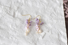 Load image into Gallery viewer, Botanical Handmade Floral Long Polymer Clay Earrings (purple/pearl)