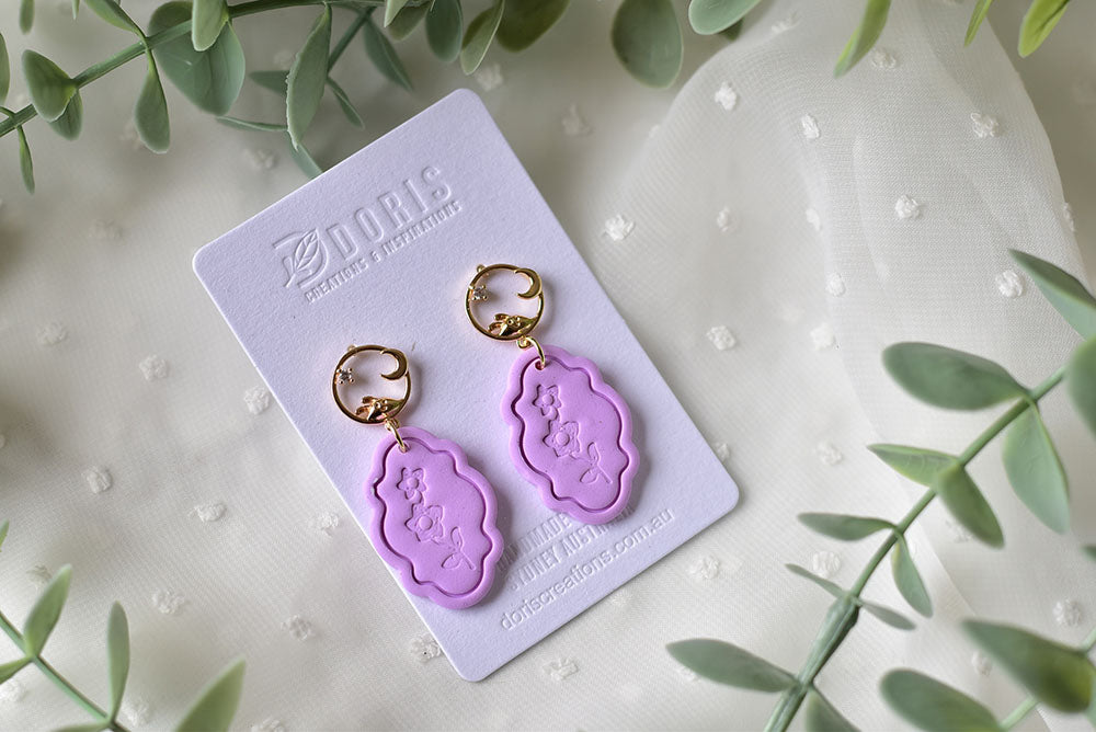 Flower Print Polymer Clay Earrings (purple 1) – Doris Creations