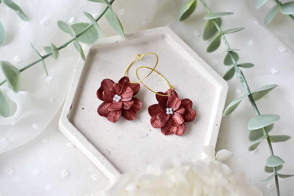 Flower Polymer Clay Earrings (Metallic Red 1)