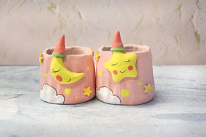 2 × Moon and star planters - succulent pots - handmade ceramic planter (6.8cm×7.5cm)