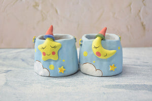 2 × Moon and star planters - succulent pots - handmade ceramic planter (6.8cm×7.5cm)