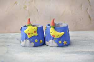 2 × Moon and star planters - succulent pots - handmade ceramic planter (6.8cm×7.5cm)