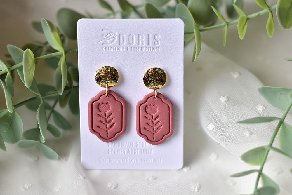 Flower Print Polymer Clay Earrings (wine/brown 3) – Doris