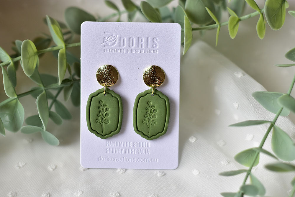 Flower Print Polymer Clay Earrings (green 1)