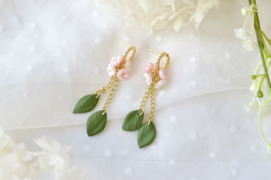 Dainty dangle earrings - polymer clay earrings (small flowers with leaves)