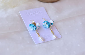 Blue White Flower Polymer Clay Earrings