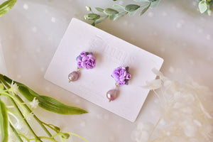 Elegant floral earrings - Butterfly polymer clay earrings with purple fresh pearl