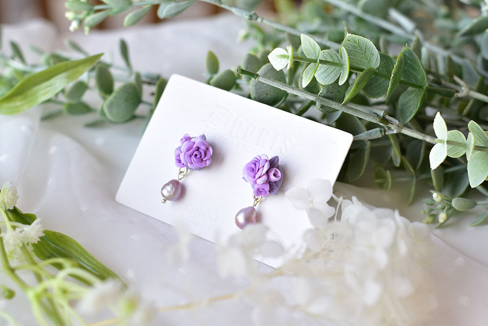 Elegant floral earrings - Butterfly polymer clay earrings with purple fresh pearl