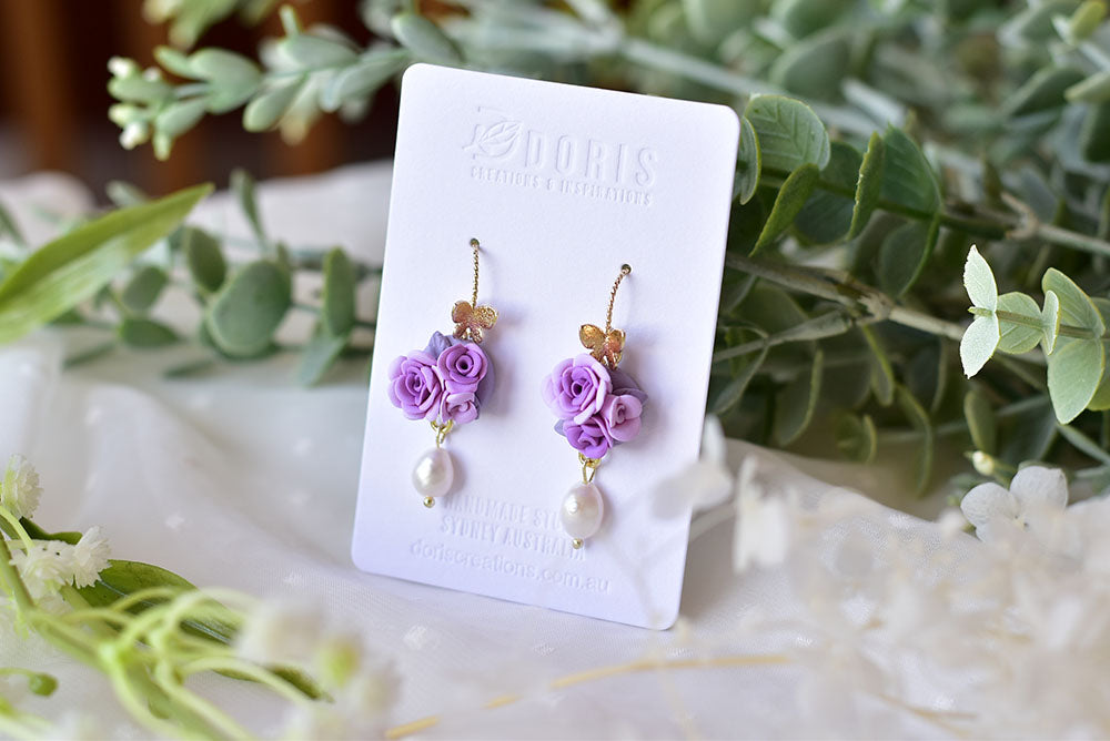 Elegant floral earrings - Butterfly polymer clay earrings with fresh pearl